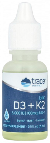 Trace Minerals Research Ionic D3 + K2 (125 mcg (5000 IU) D-3 + 100 mcg MK-7, Ресерч Ионизированные витамины Д3 + К2 (125 мкг (5000 МЕ) Д-3 + 100 мкг МК-7, 15 мл